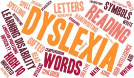 dyslexia word cloud on a white background.