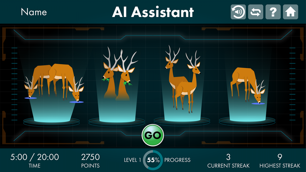 A still of AI Assistant exercise, or two deer drinking, two deer eating, two deer standing, and