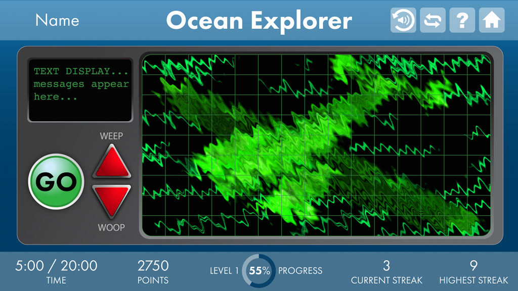 A still from Ocean Explorer exercise: green radar image of an aerial vehicle, with game features on left and bottom bars