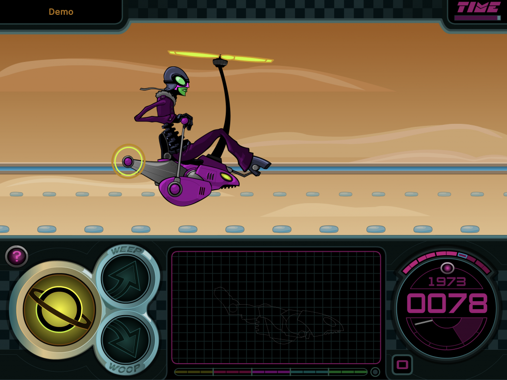 Still image of Space Racer exercise: alien character riding a vehicle with a propeller, with game functions on bottom bar