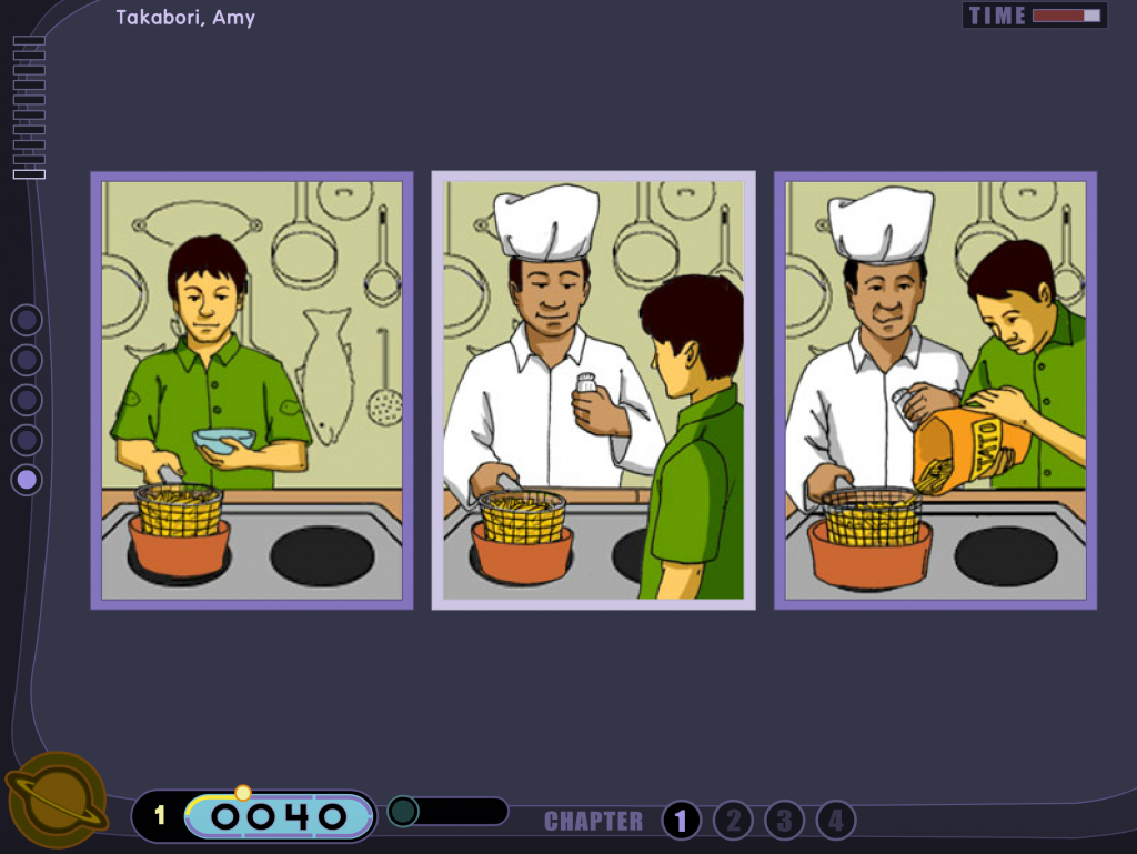 A still of Stellar Stories exercise: three images side by side of a busboy making fries, a chef making fries for a busboy, and a chef and busboy making fries together