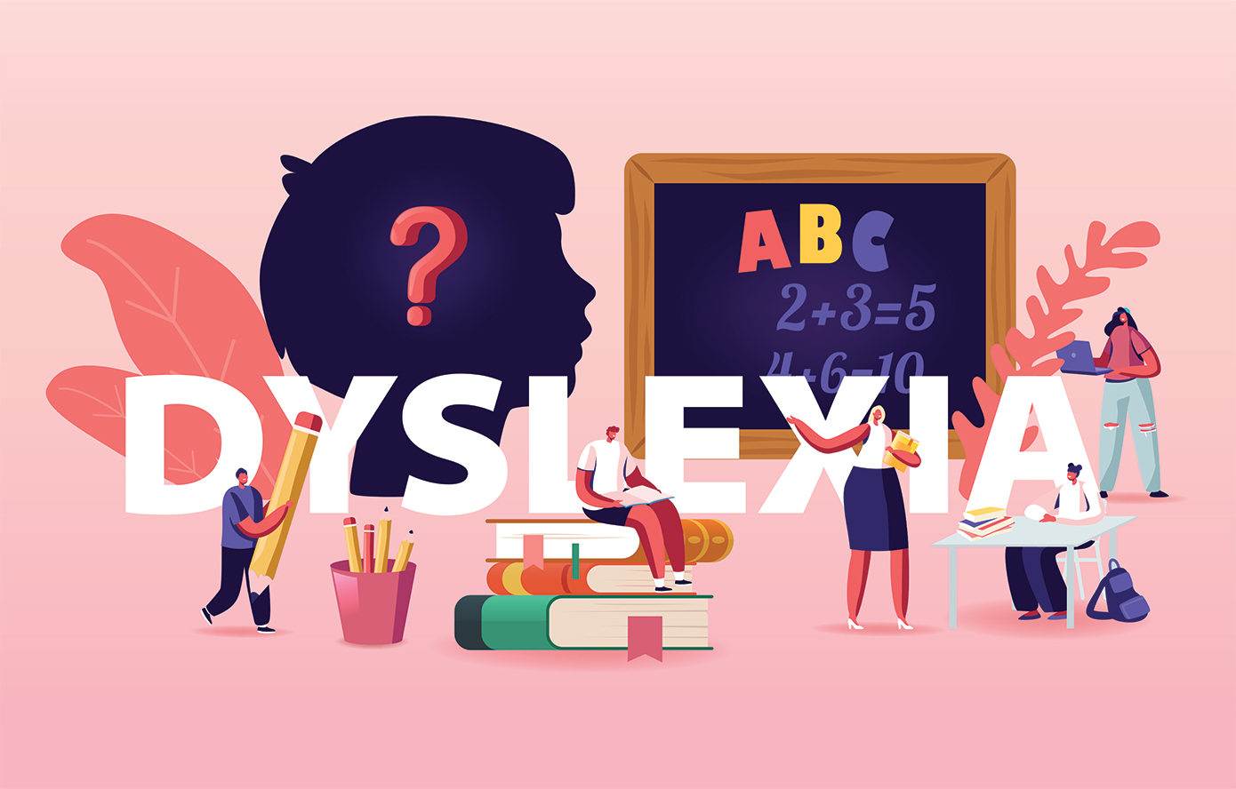 dyslexia, illustrated profile of child's head, blackboard, books, man holding giant pencil, teacher